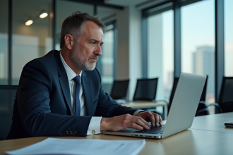 Homme d'affaires inquiet regardant son ordinateur