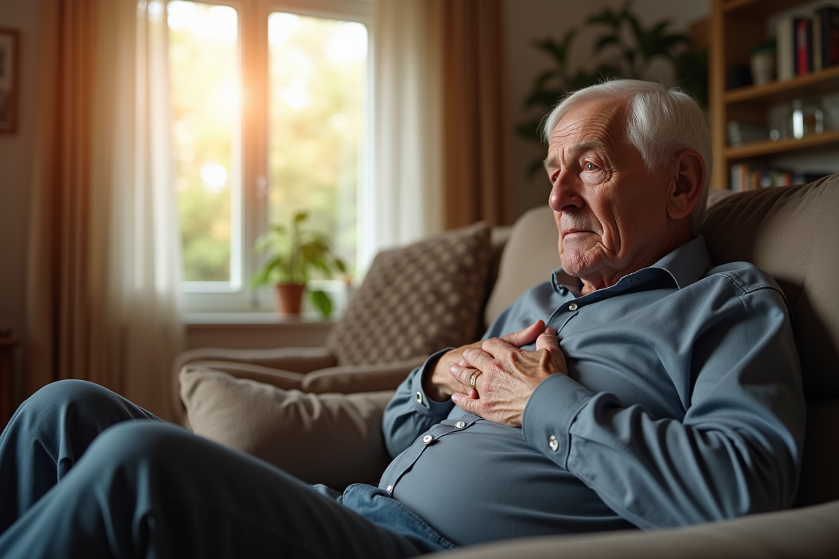 Homme age assis sur un canapé inquiet pour sa santé