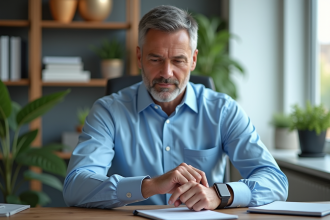 Homme d'âge moyen vérifiant sa smartwatch au bureau