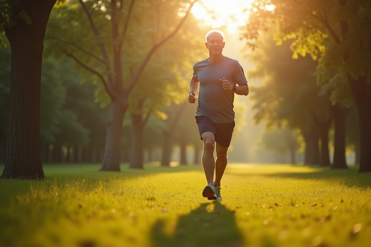 Homme en pleine course dans un parc vert au matin