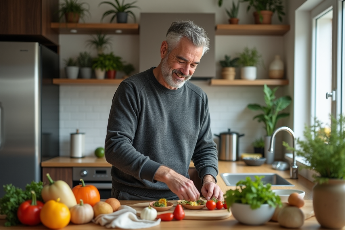 Homme de 44 ans préparant un repas sain dans sa cuisine