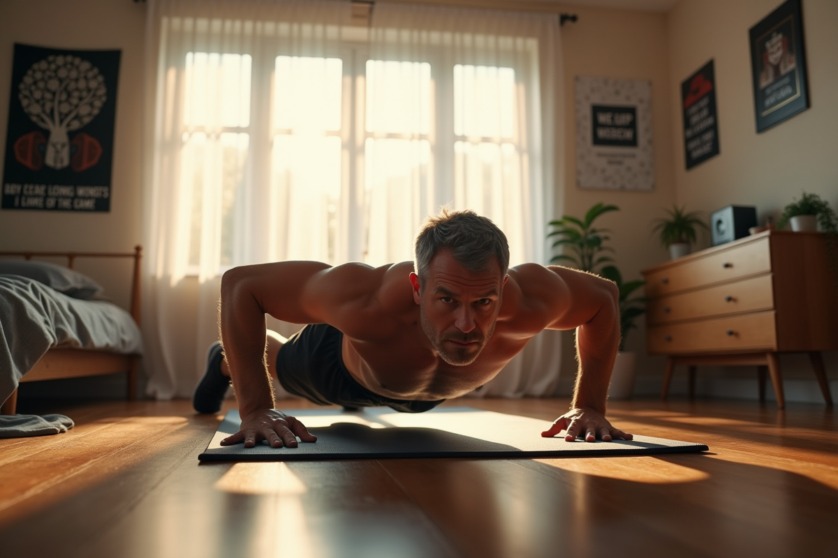 Homme faisant des pompes dans une chambre chaleureuse