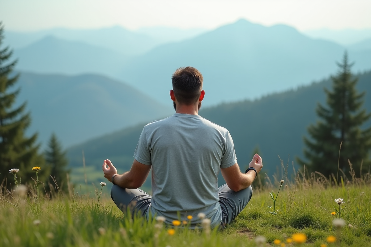 Homme méditant sur une colline face aux montagnes