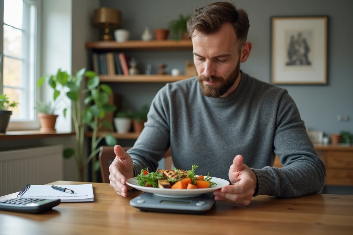Homme pèse légumes grillés avec une balance numérique