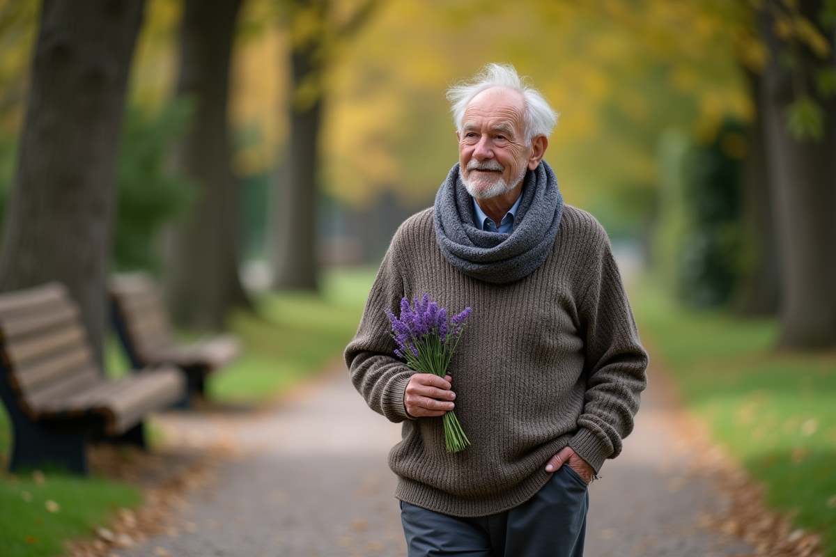 Homme âgé marchant dans un parc avec branche de lavande