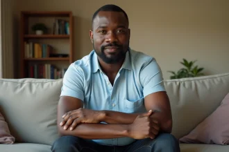 Homme noir contemplatif montrant sa peau jaunie sur le bras