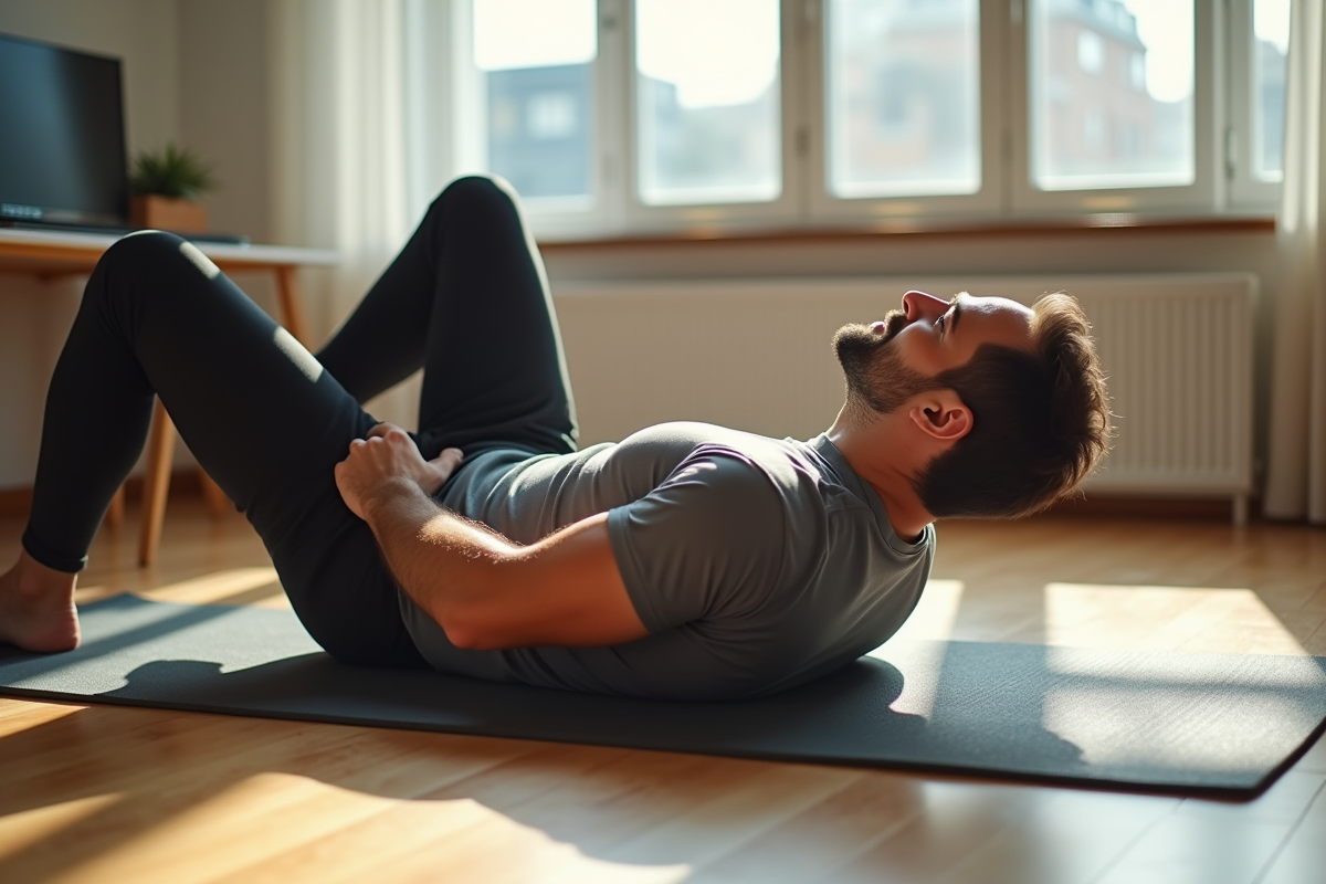 Homme faisant un étirement dans un bureau lumineux