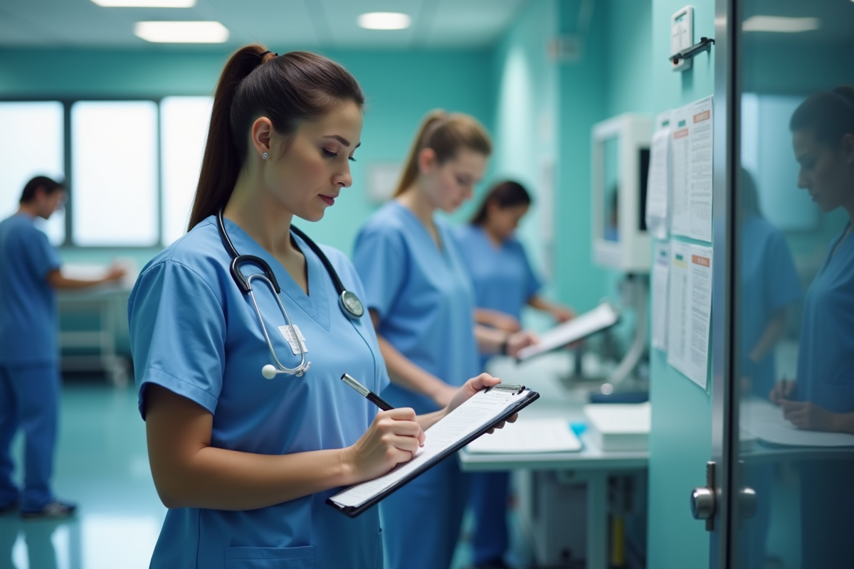 Infirmière prenant des notes sur un clipboard au poste de soins