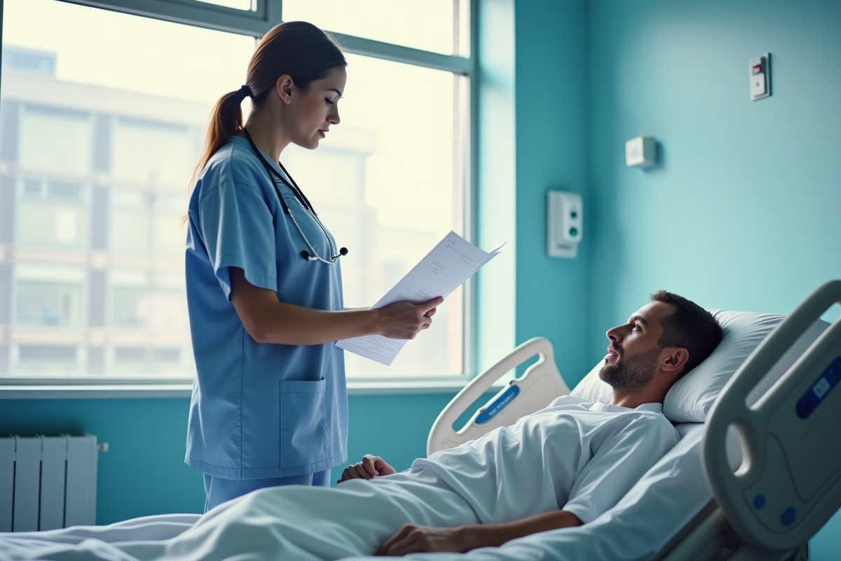 Infirmière attentive examinant un dossier médical à l'hôpital