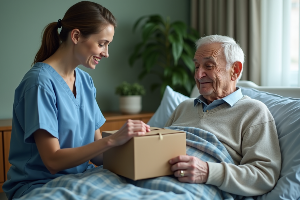Infirmière en soins palliatifs offrant un kit de confort à un patient âgé