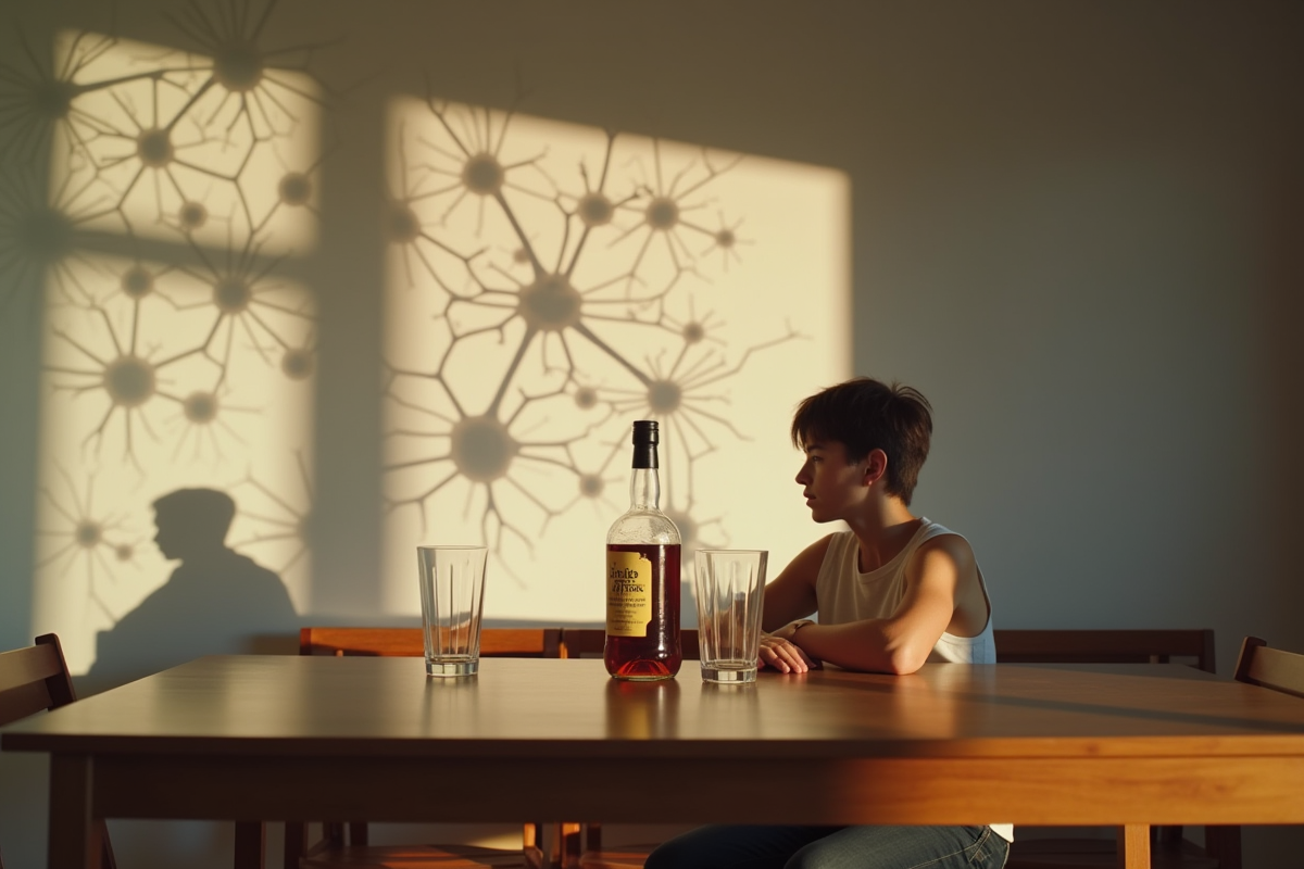 Jeune adulte seul avec alcool et ombres de neurones