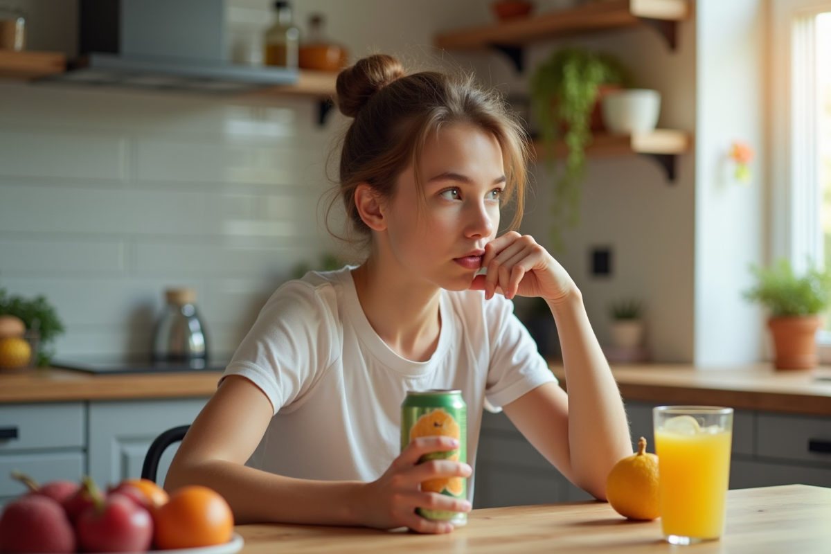 Jeune adulte avec boisson energetique dans la cuisine en journee