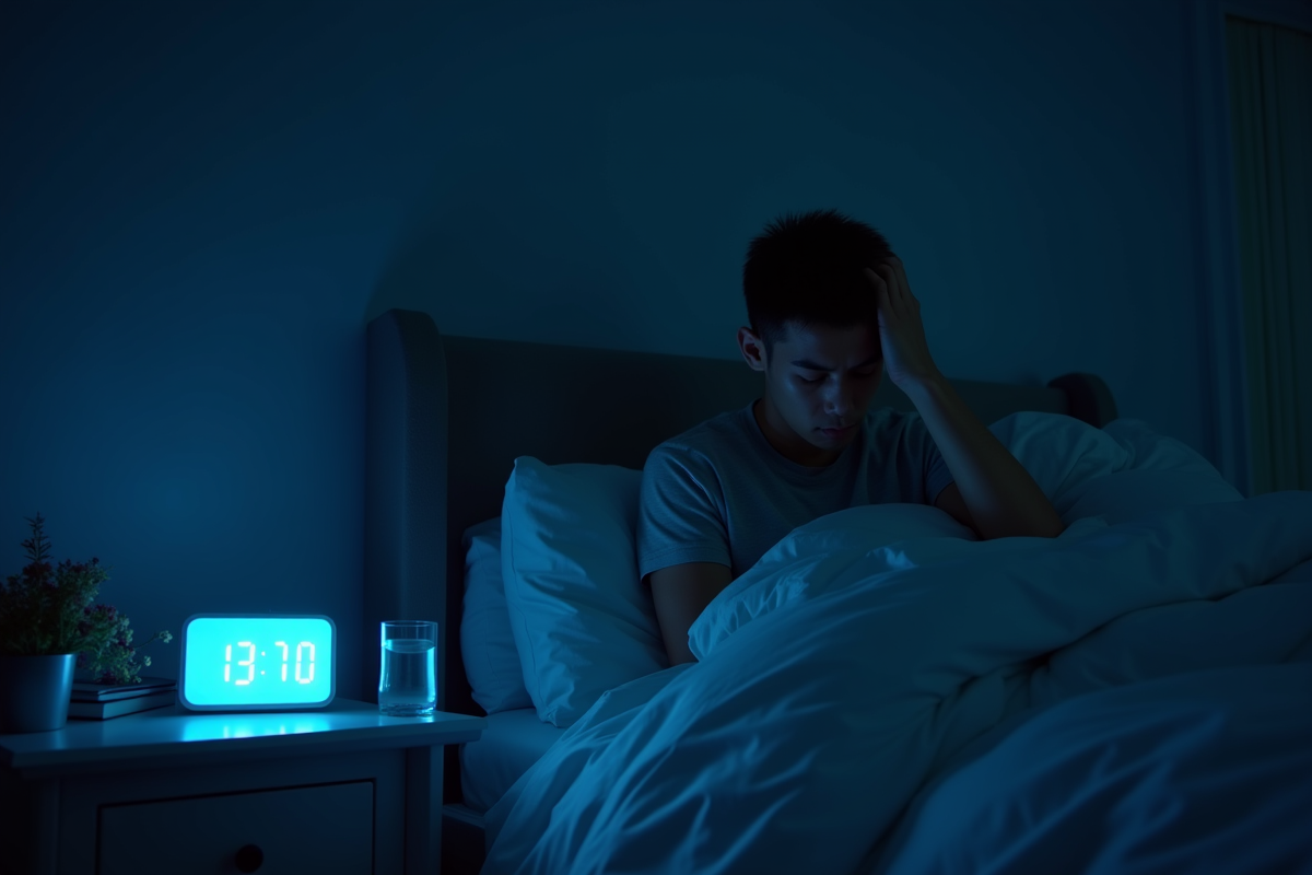 Jeune adulte fatigué dans son lit la nuit avec une horloge digitale