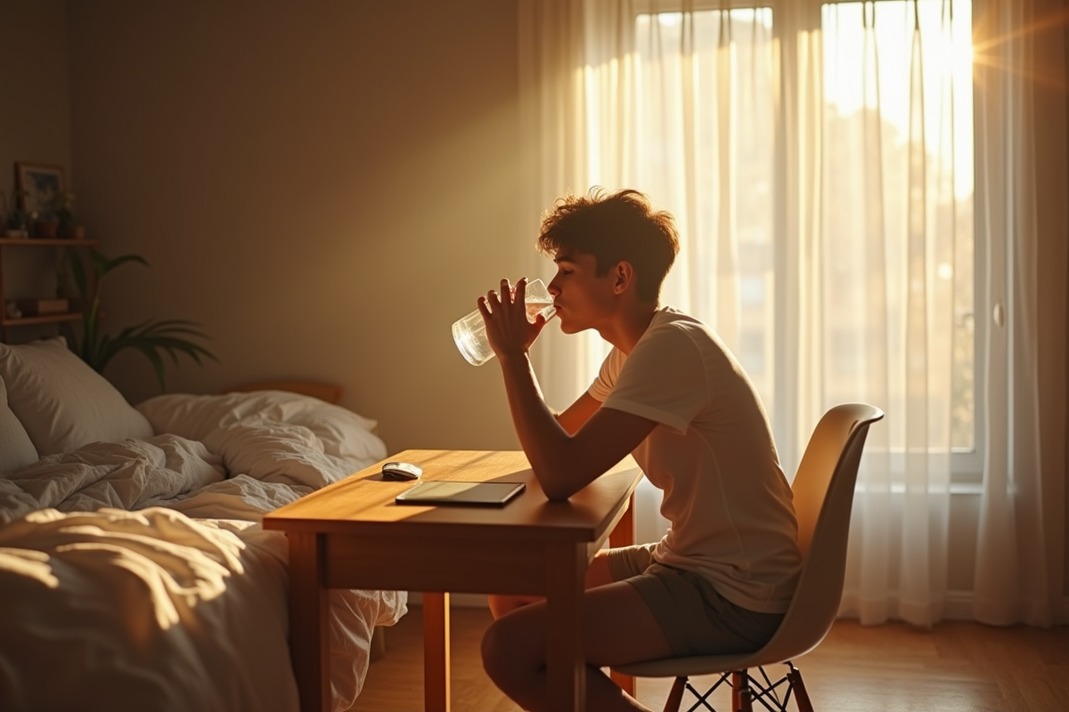 Jeune adulte se reposant au matin avec eau et étirement