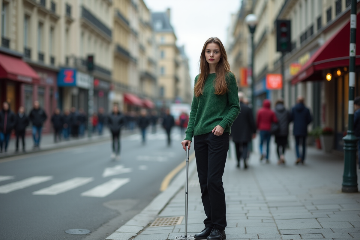 Jeune femme avec canne dans une rue parisienne animée