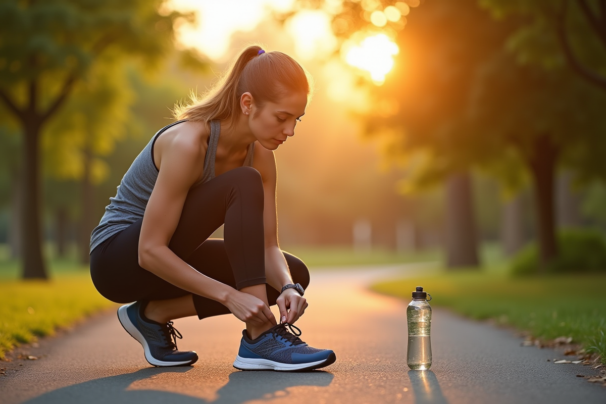 Jeune femme en course au parc au lever du soleil