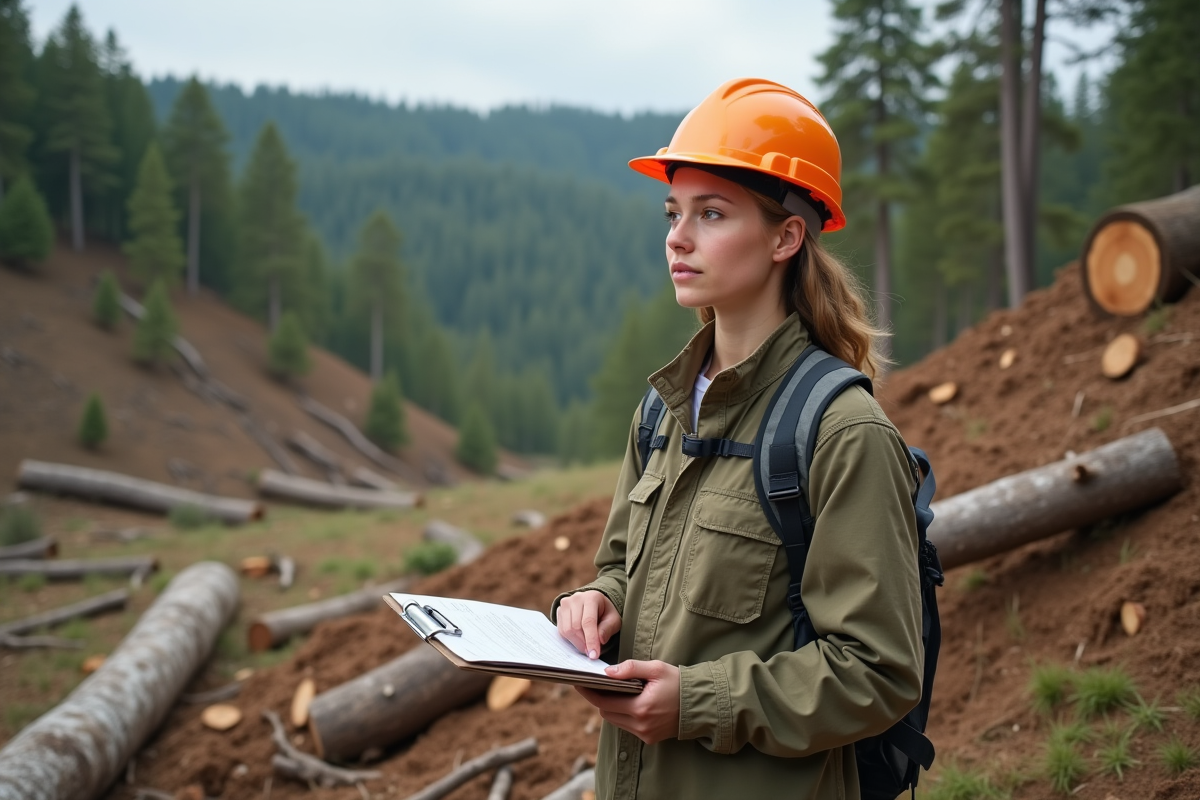 Jeune femme inspectant une pente avec arbres coupés