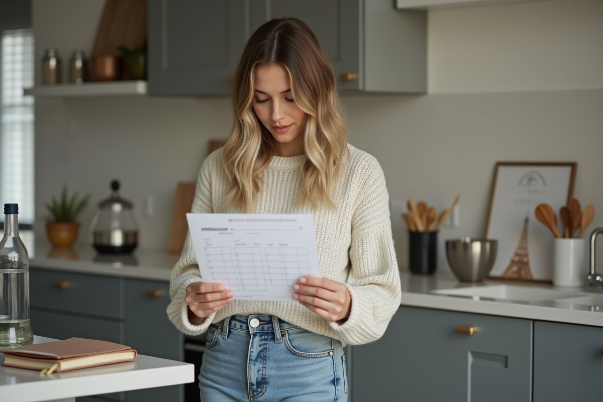 Jeune femme regardant un calendrier dans la cuisine
