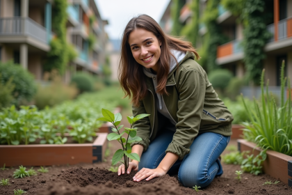 Jeune femme plantant un arbre dans un jardin communautaire