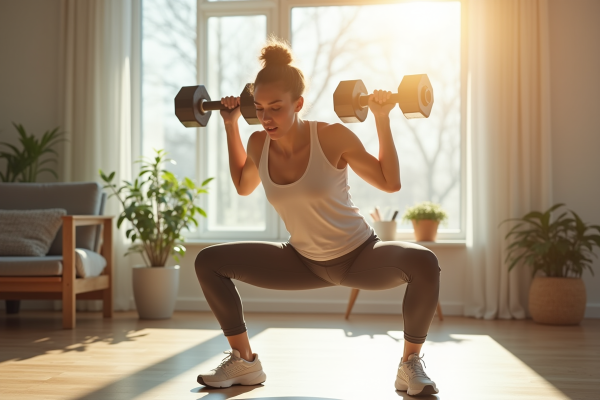 Jeune femme faisant des squats dans un salon lumineux