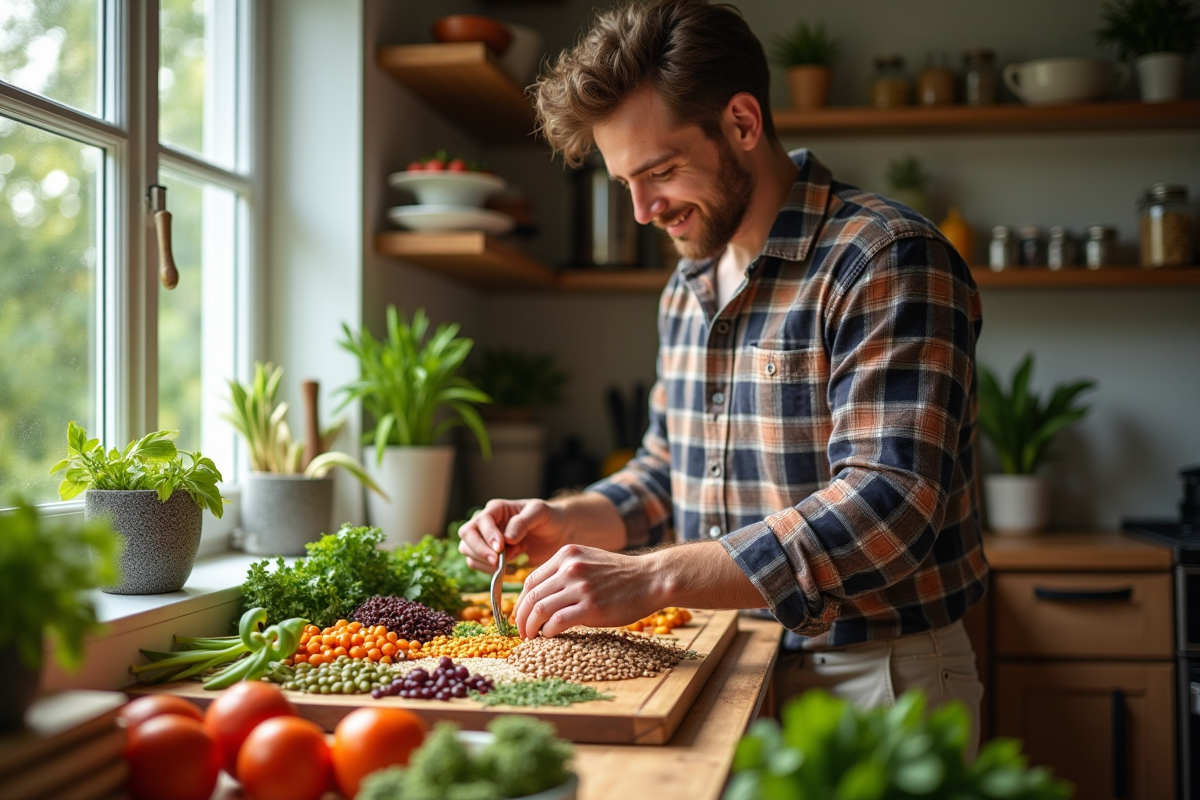 Jeune homme préparant un repas végétal dans une cuisine lumineuse