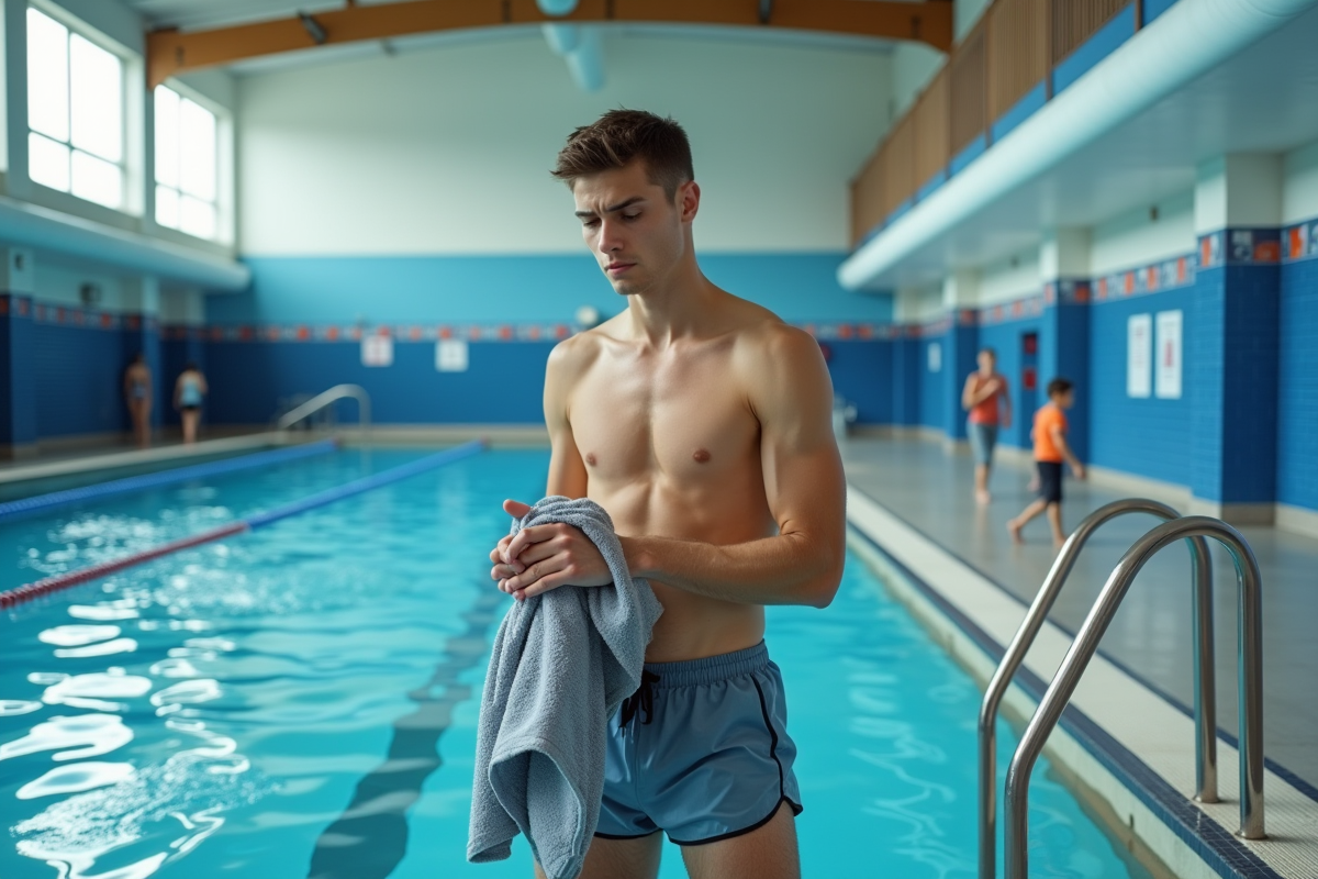 Jeune homme près de l’échelle de la piscine intérieure
