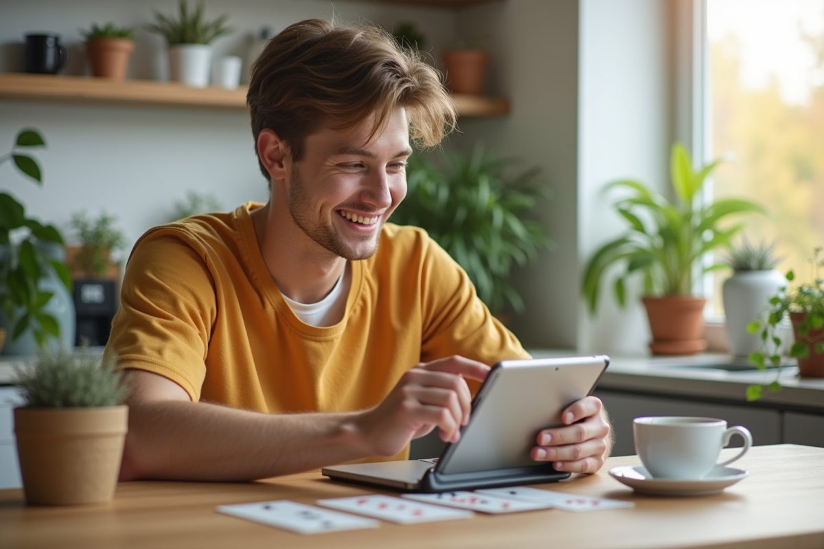 Jeune homme joue à un jeu de mémoire sur une tablette dans une cuisine moderne