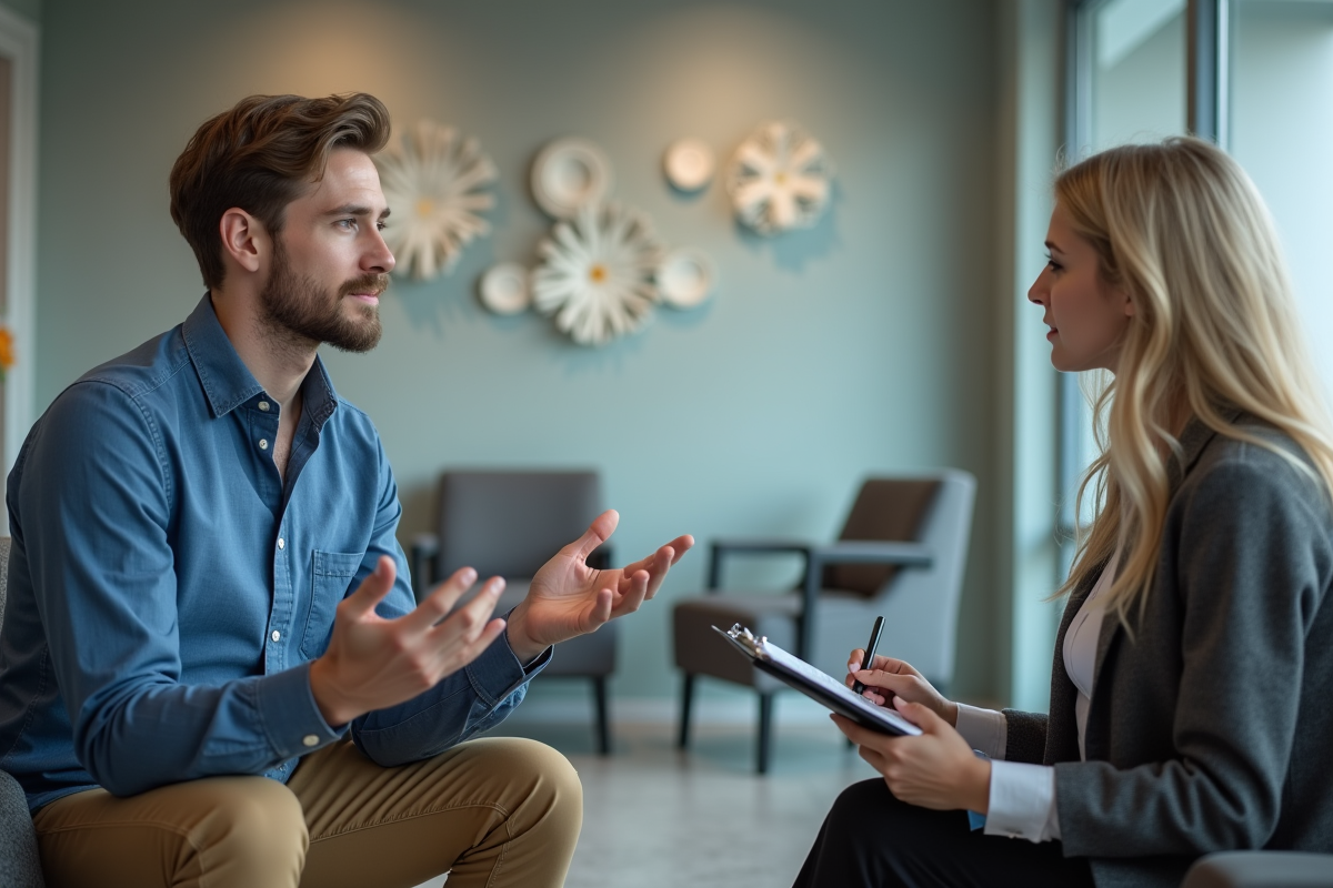 Jeune homme parlant avec une psychiatre dans un espace moderne