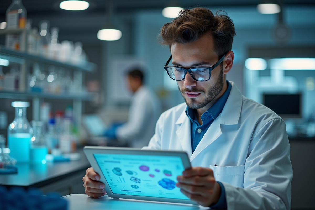 Jeune scientifique examinant une tablette en laboratoire