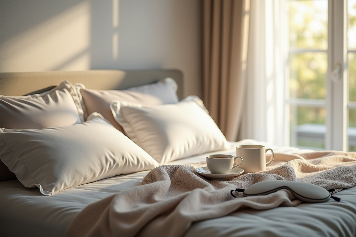 Lit douillet avec oreillers et tasse de tisane