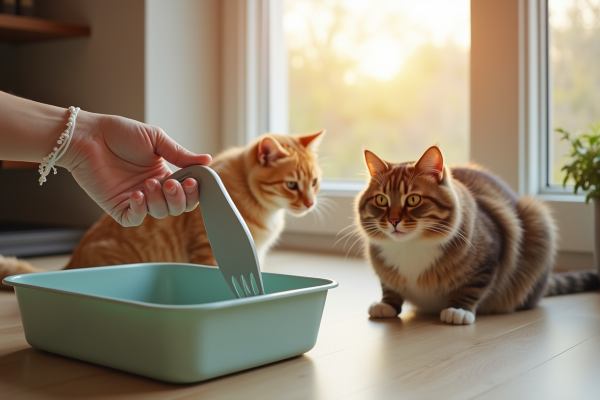 Main gantée manipulant une pelle à litière avec un chat à proximité