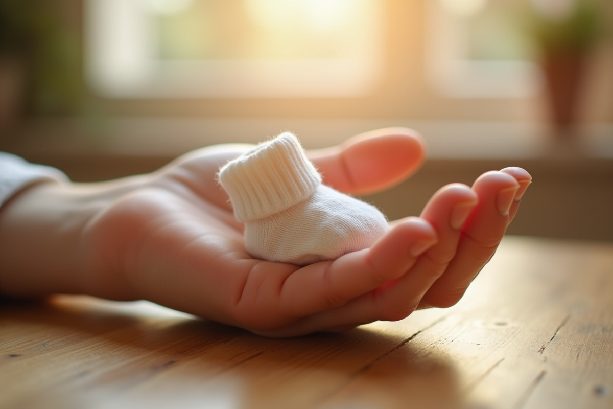 Main adulte tenant de petits chaussons de bébé sur une table en bois