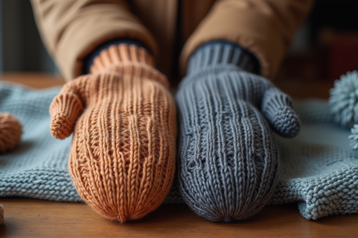 Mains avec mitaines et gants sur une table en hiver