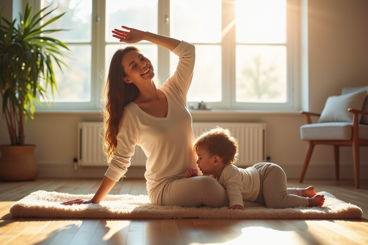 Maman heureuse faisant du yoga doux à la maison avec son enfant