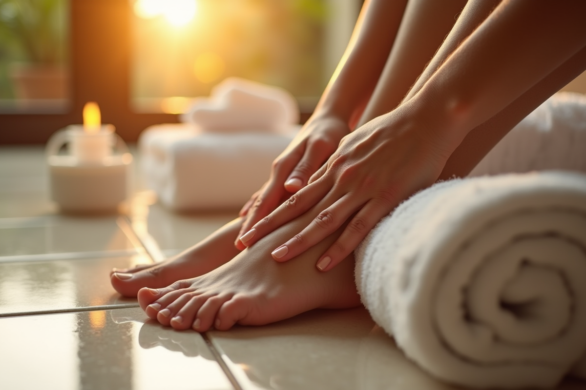 Mains massant le dessus des pieds dans un spa apaisant