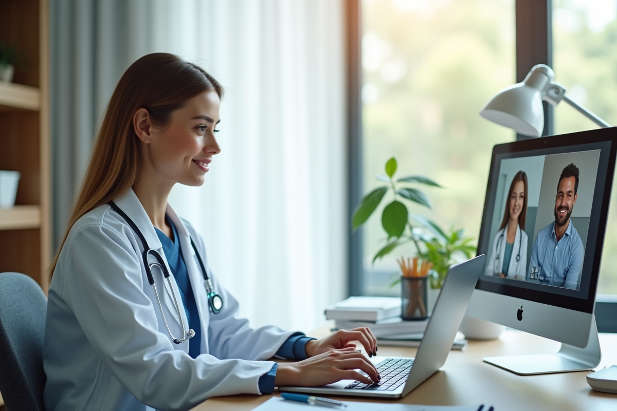 Jeune medecin femme en consultation video a domicile