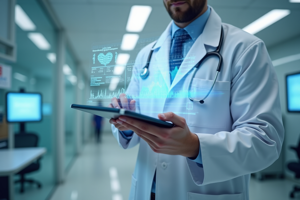 Médecin moderne utilisant une tablette avec données holographiques