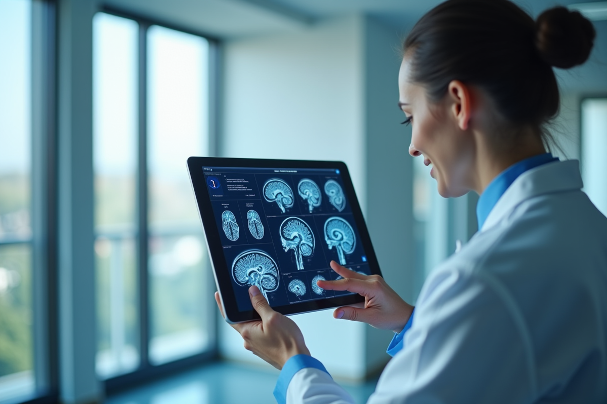 Médecin moderne utilisant une tablette avec diagnostics AI
