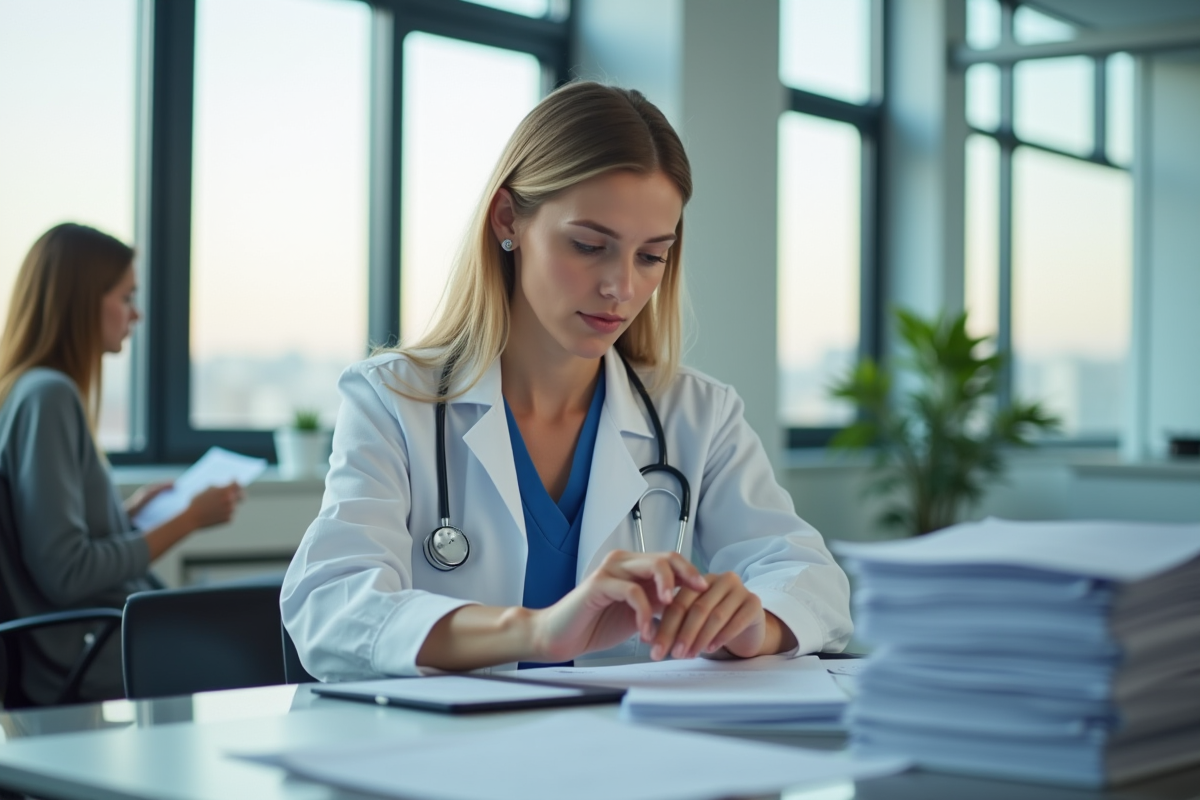 Médecin femme réfléchie dans une salle de consultation moderne