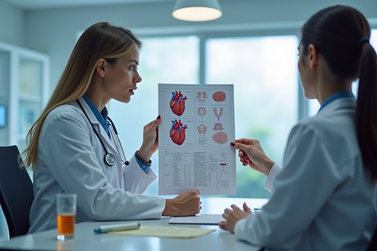 Medecin montrant un diagramme de sante a un patient inquiet