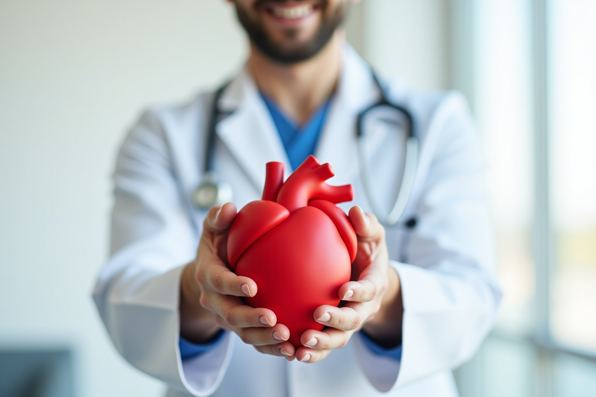 Médecin souriante tenant un coeur rouge en main pour la santé
