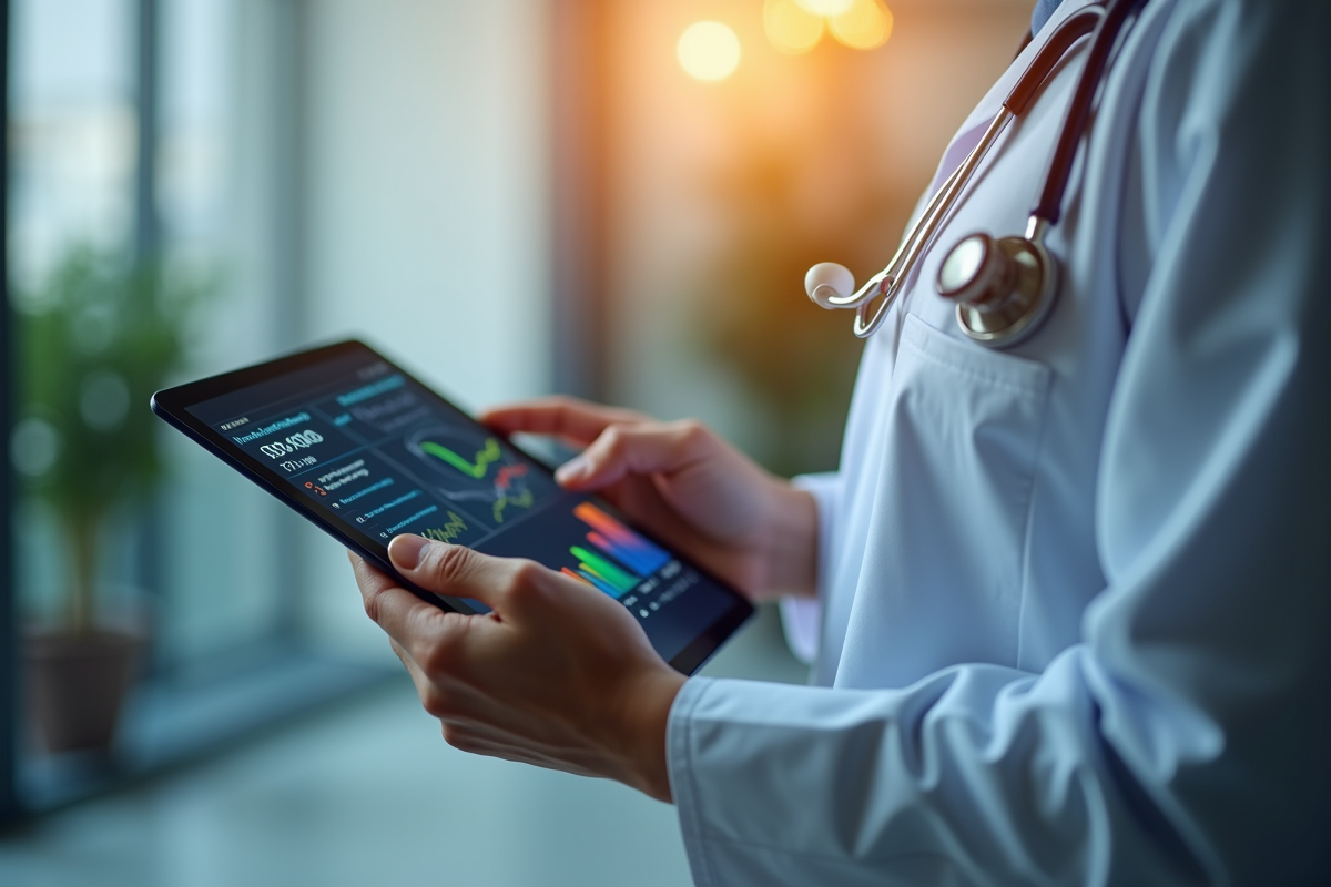 Médecin tenant une tablette avec données patient et recommandations