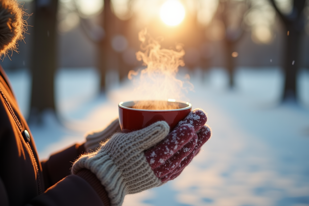 Personne tenant une tasse de chocolat chaud en hiver