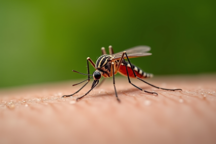 Gros plan d'un moustique sur la peau humaine avec ailes détaillées
