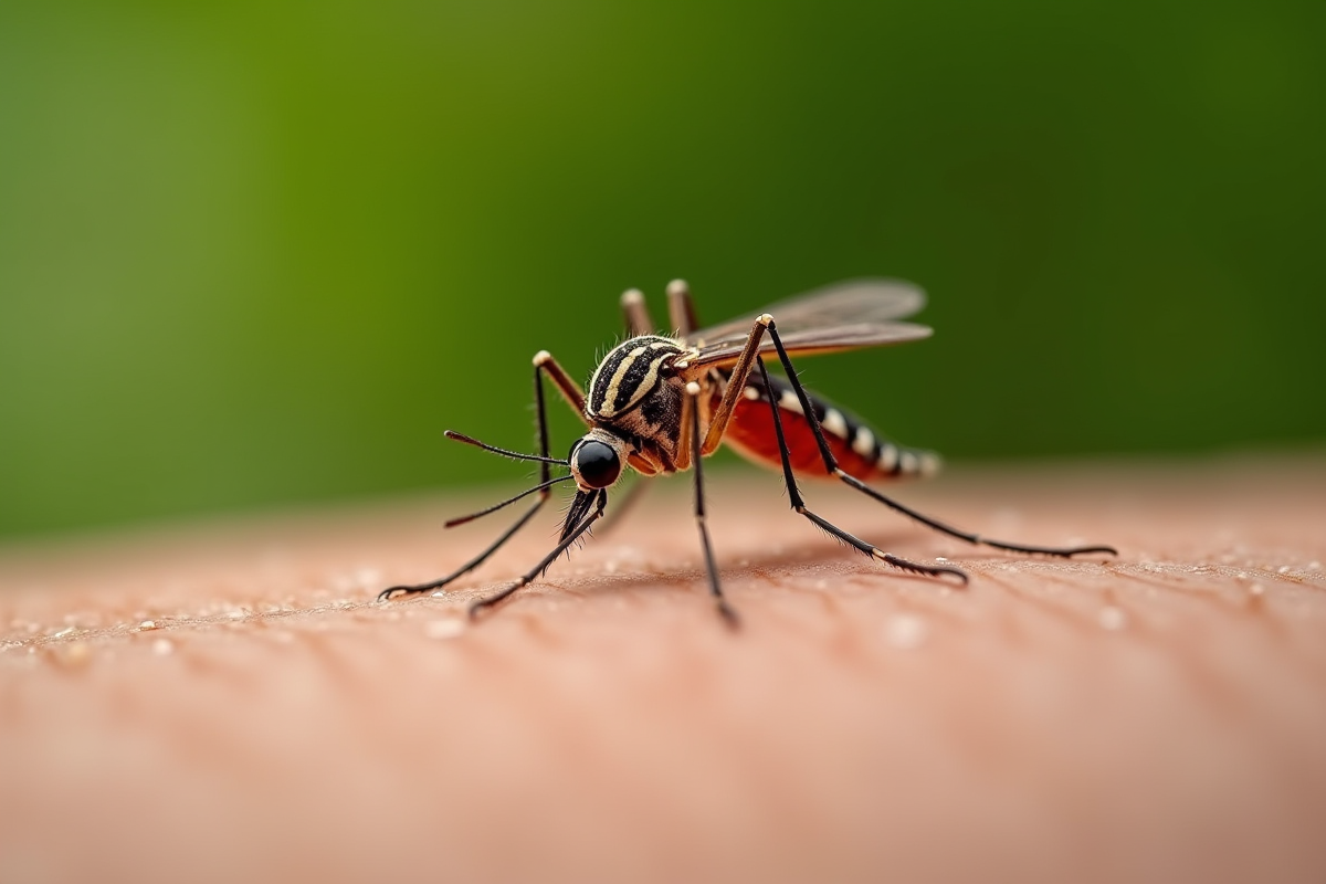 Gros plan d'un moustique sur la peau humaine avec ailes détaillées