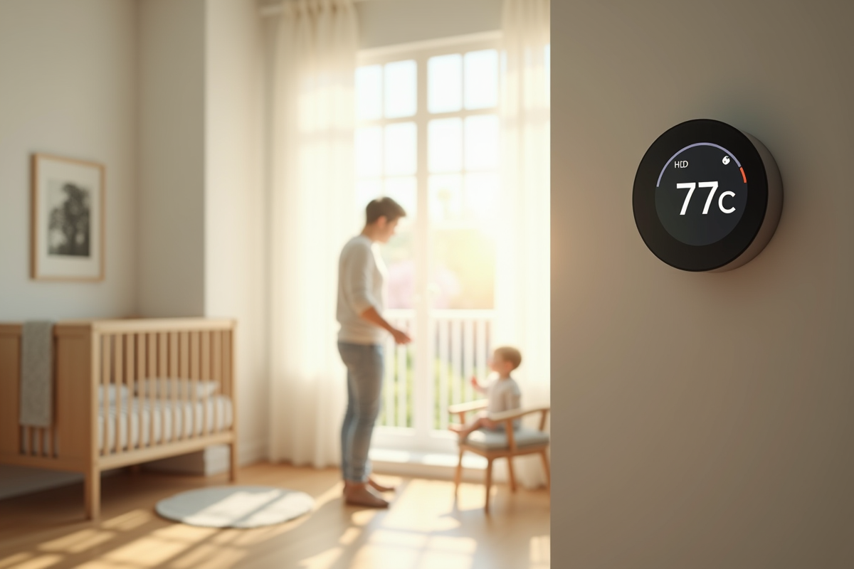 Nursery moderne avec thermometre intelligent affichant 77°C