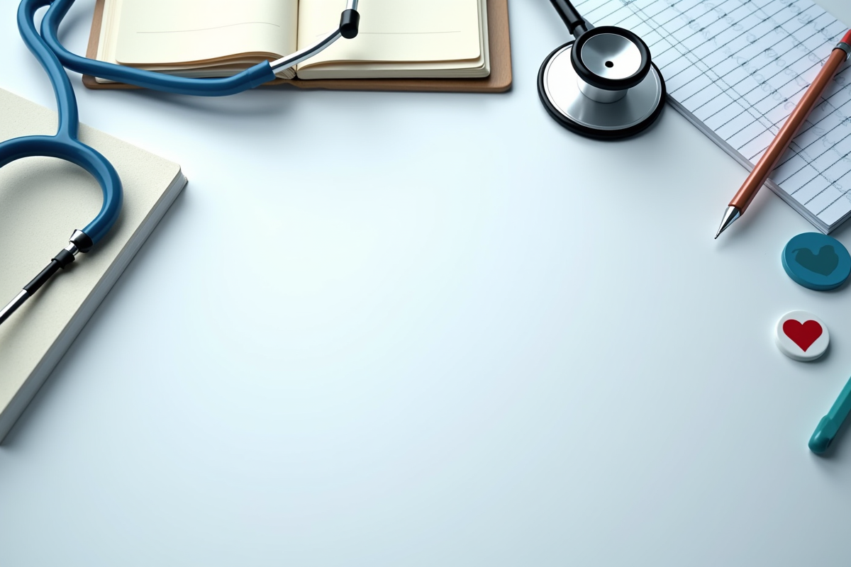 Vue de dessus d outils médicaux et badges infirmiers organisés sur une table