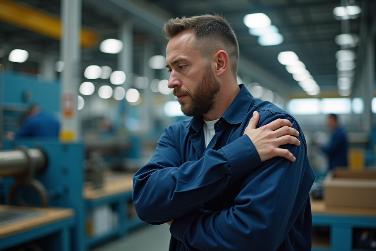 Ouvrier en usine touchant son epaule douloureuse