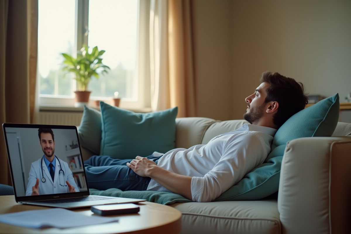 Personne allongee sur un sofa lors d une teleconsultation