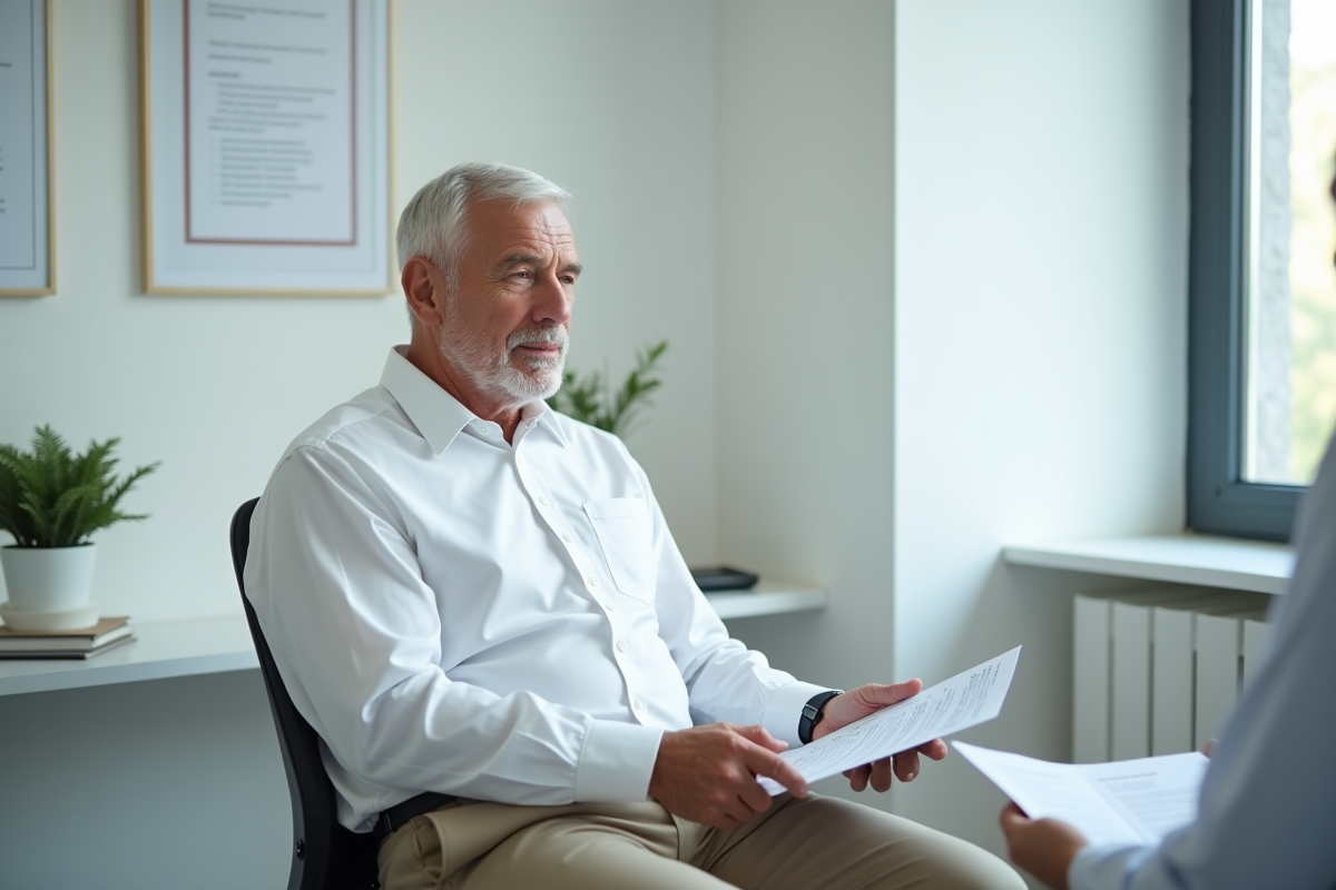 Patient âgé écoutant un médecin dans un cabinet moderne